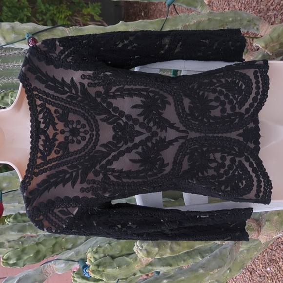 Vintage Y2K Express Black Lace Over Mesh Top - Picture 2 of 5